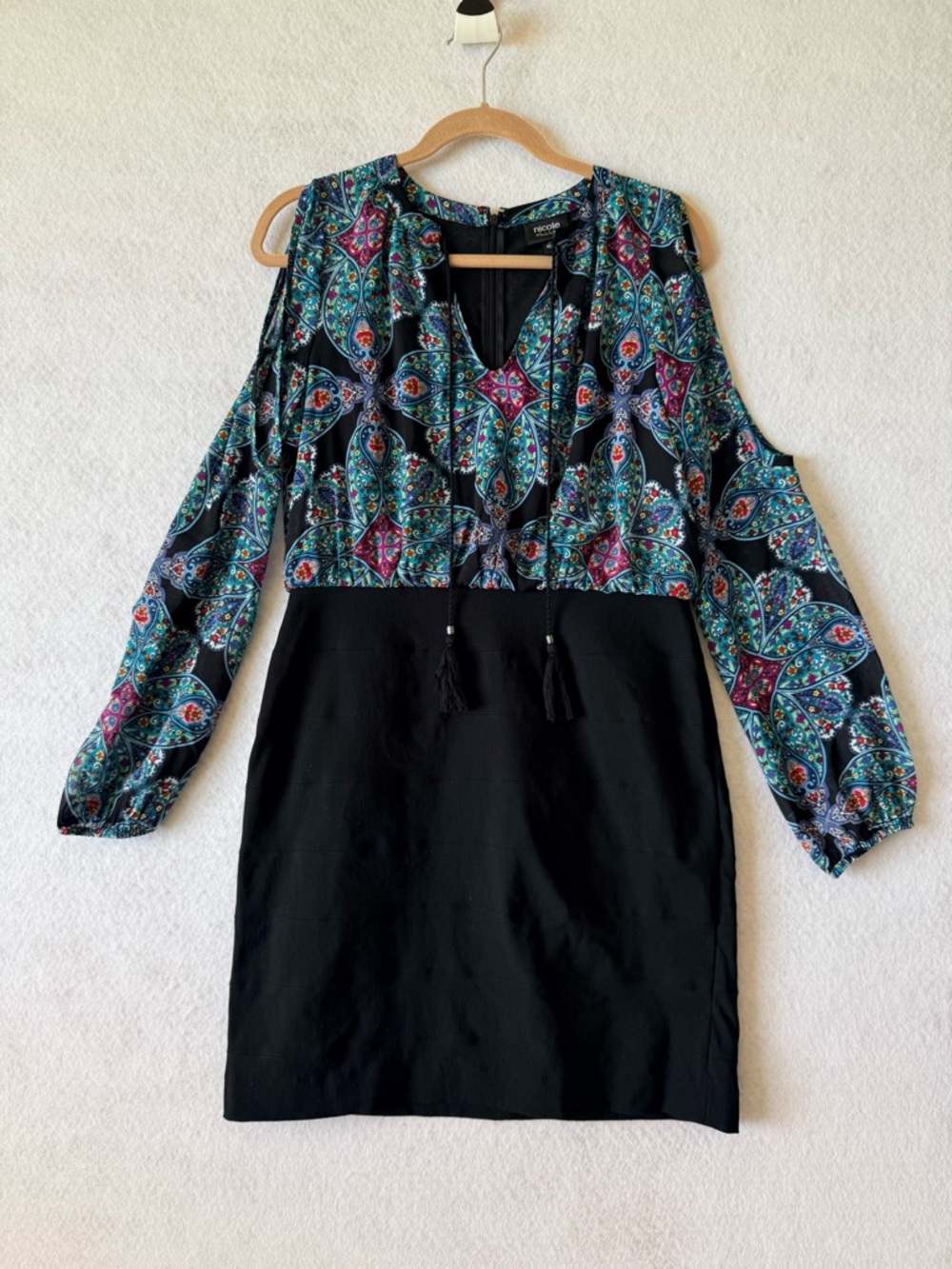 Nicole Miller Cold-Shoulder Black Dress with Teal & Purple Paisley Bodice 10